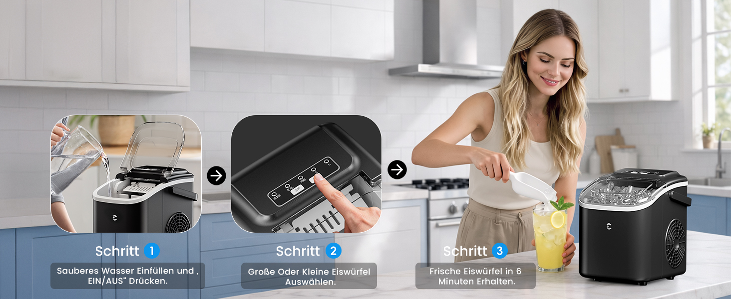 Льодогенератор EASYERA портативний, 12 кг/24 год, швидке виробництво льоду (6 хв), 2 розміри кубиків, самоочищення, для дому, офісу, бару, вечірок - чорний