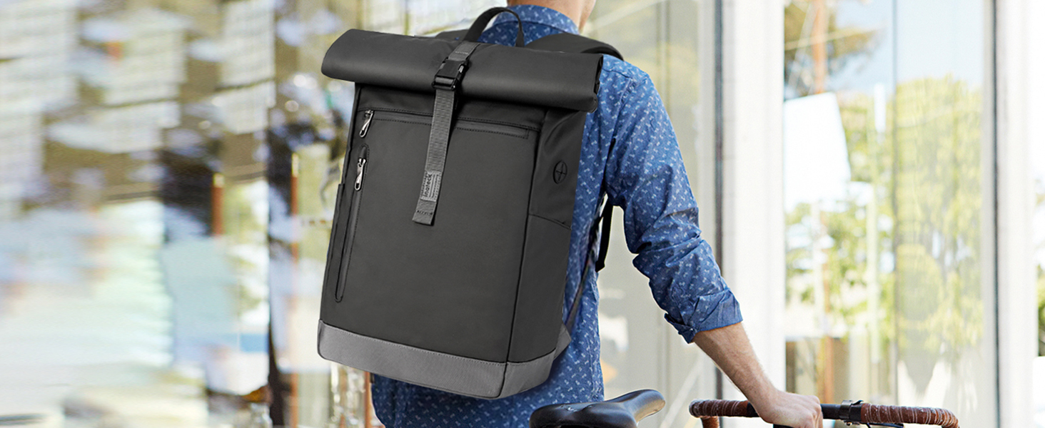 Рюкзак Inateck RollTop 25-30 л чорний, для чоловіків і жінок, міський, велосипедний, шкільний, для університету, роботи, спорту та подорожей, з відділенням для ноутбука 17