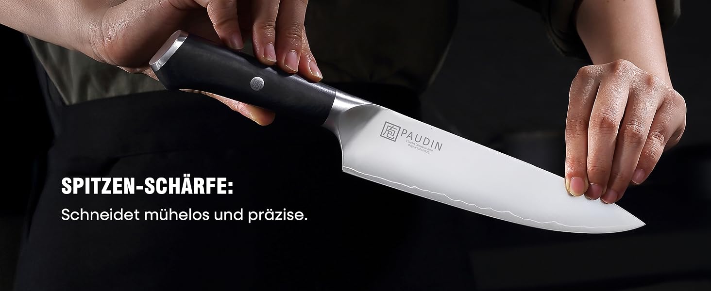 Набір кухонних ножів PAUDIN: кухонний ніж, сантоку, універсальний, овочевий - професійні, гострі, з нержавіючої сталі 10Cr15CoMoV (62 HRC), з ергономічною дерев'яною ручкою (2 ножі)