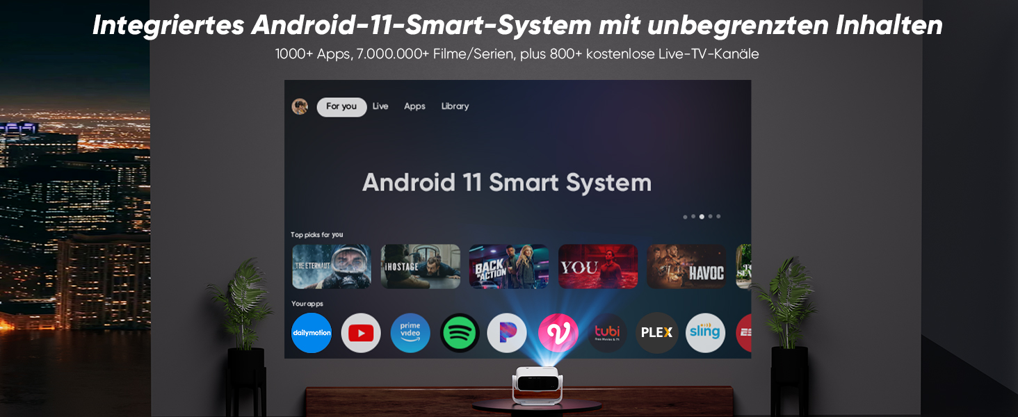 Розумний проєктор Beamer Full HD 1080P, 25000 люменів, Android 11, вбудовані додатки, 4D корекція трапеції, WiFi 6 & BT 5.2, проєктор для домашнього кіно 4K з поворотним підставою 120°, сумісний з iOS/Android/Laptops, чорний