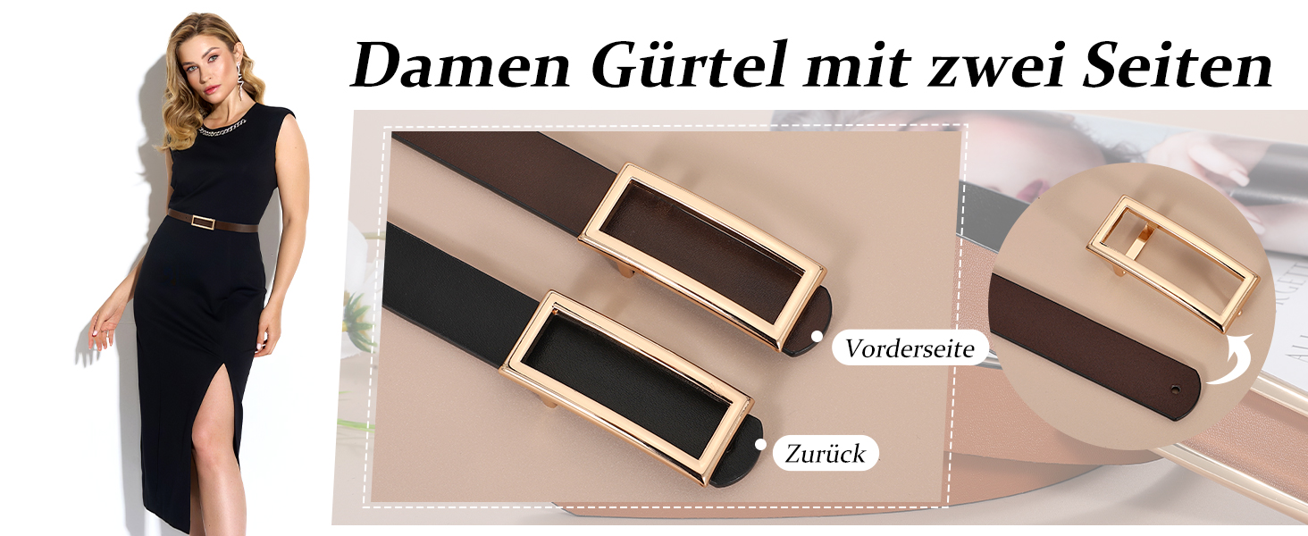 Жіночий ремінь VONMELLI вузький шкіряний, з золотою пряжкою, чорний/коричневий (срібна пряжка), 120 см (93-103 см талія)