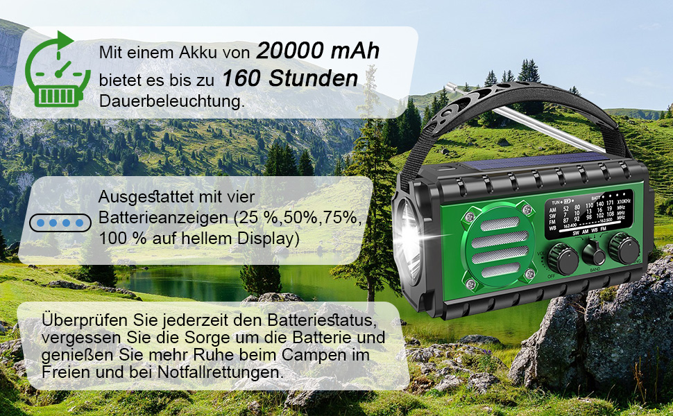 Радіо Winnes для надзвичайних ситуацій з живленням 20000 mAh, AM/FM, ліхтарик, SOS-сигнал, сонячна зарядка, ручна зарядка, для смартфонів (зелене)
