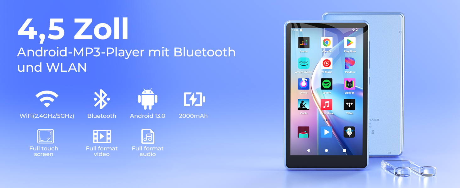MP3 плеєр з Bluetooth та WiFi на 160 ГБ, 4.5-дюймовий сенсорний екран, підтримка Spotify (синій, 96ГБ)