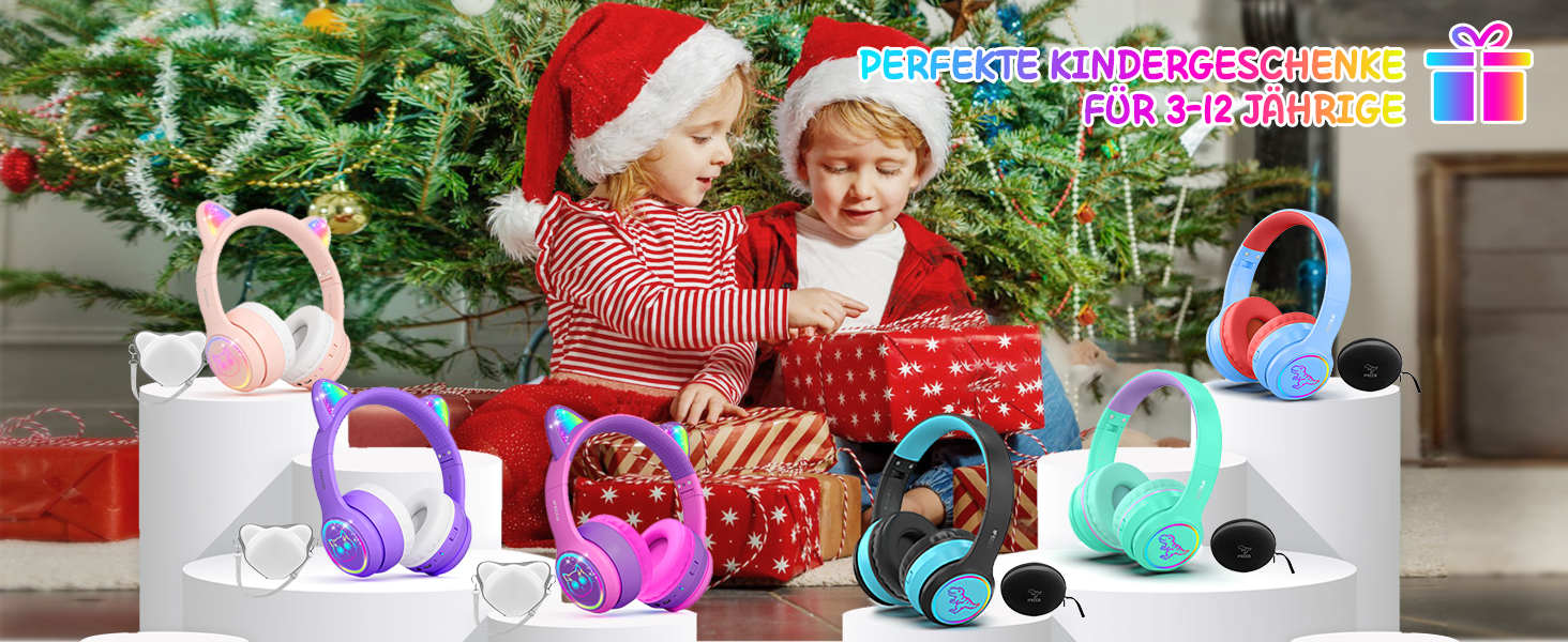 Бездротові навушники IFecco для дітей з мікрофоном, Bluetooth, LED-підсвітка, котячі вушка, чохол. Сумісні з iPad, планшетами та смартфонами.