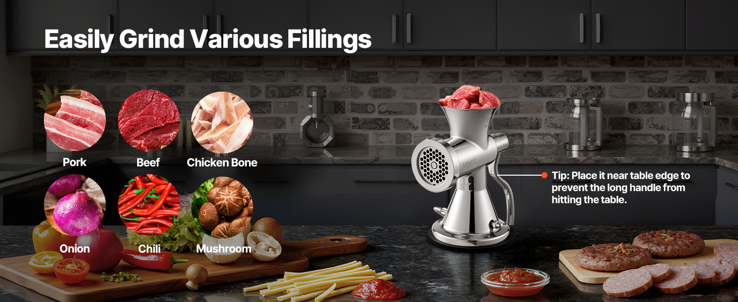 М'ясорубка ручна VEVOR 304 нержавіюча сталь, диски 4.5/8 мм, для фаршу та ковбас, срібляста
