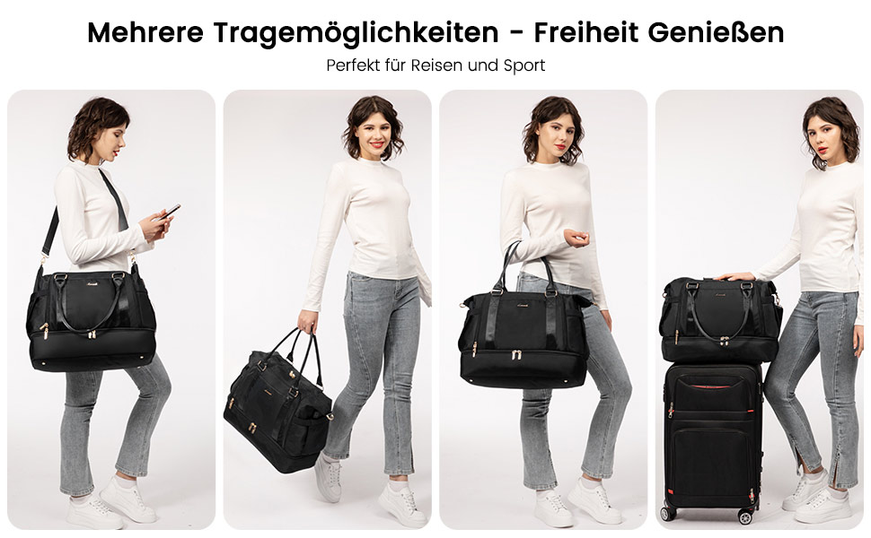 Спортивна сумка LOVEVOOK для подорожей: жіноча дорожня сумка-мішок, weekender, з органайзером, відділенням для взуття та мокрих речей, водонепроникна, 42L, чорна