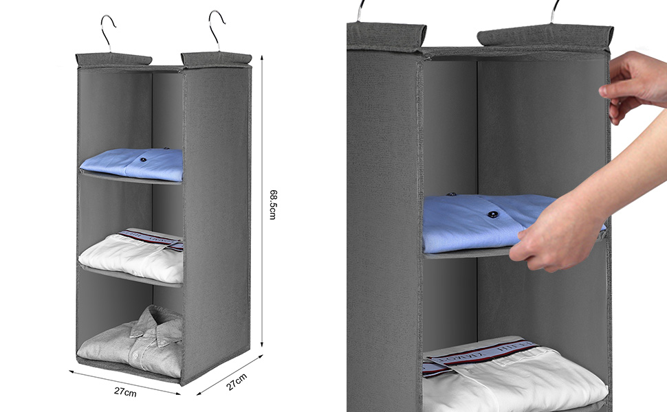 Органайзер для шафи AiQInu з 3 відділеннями, підвісний, бамбуковий, сірий (з гачками)