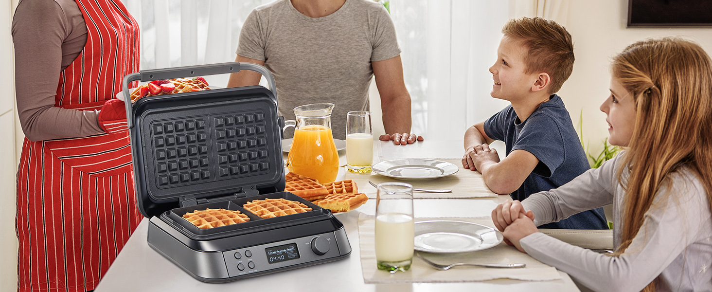 1600W Belgian Waffle Maker - 5 Programs, 7 Browning Levels, LCD Display, Timer, Stainless Steel