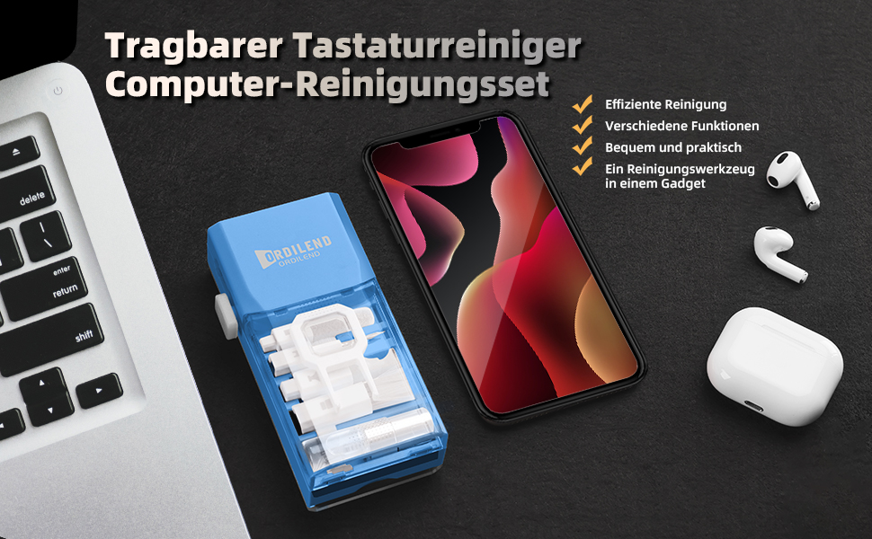 Набір для чищення клавіатури та гаджетів Ordilend: щітка, спрей, для ноутбука, телефону, iPad, монітора