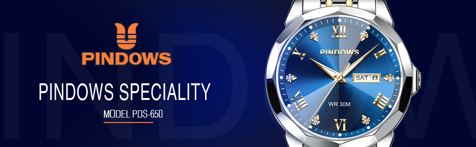 Годинник чоловічий PINDOWS Luxus Quarz з датою, великим циферблатом, водонепроникний, модний, бізнес-стиль. Елегантний двоколірний годинник з нержавіючої сталі з підсвічуванням та календарем. Срібний браслет, синє циферблат De650n3