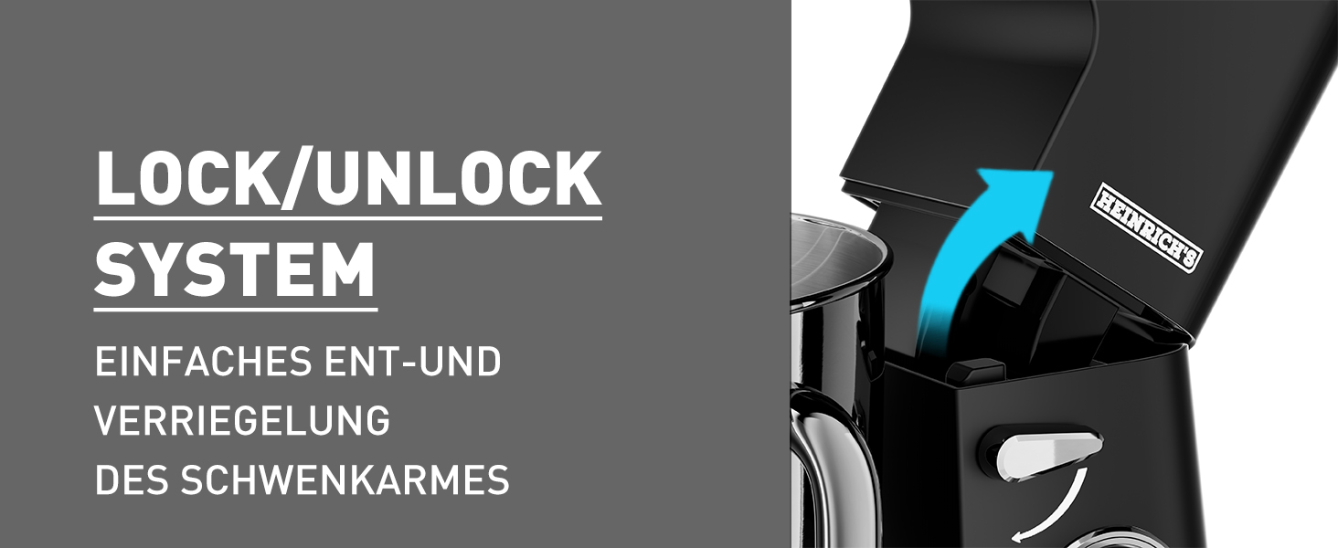 Кухонна машина Heinrichs 2500W з подвійним гаком для тіста, міксером та вінчиком, 8 швидкостей, чаша 8L з нержавіючої сталі, чорна