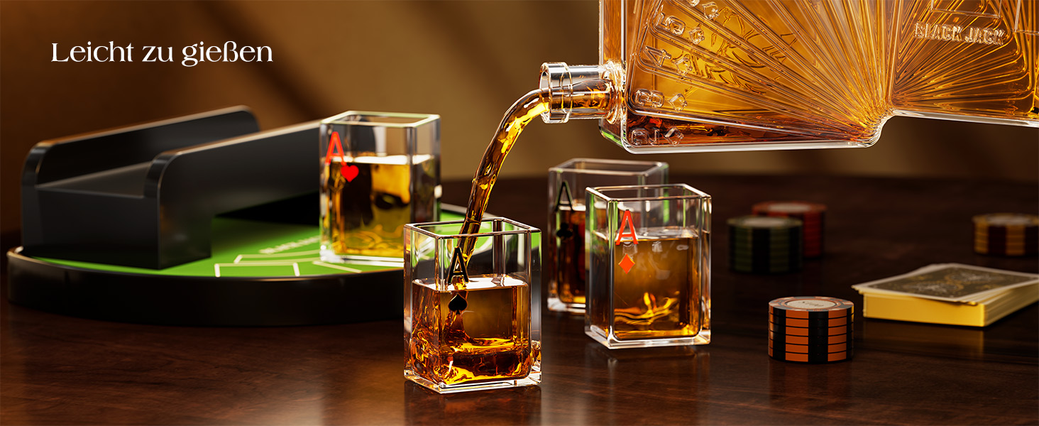Набір для віскі Kollea Blackjack: Декантер 37,2 Oz та 4 келихи, стиль Казино, подарунок для чоловіків