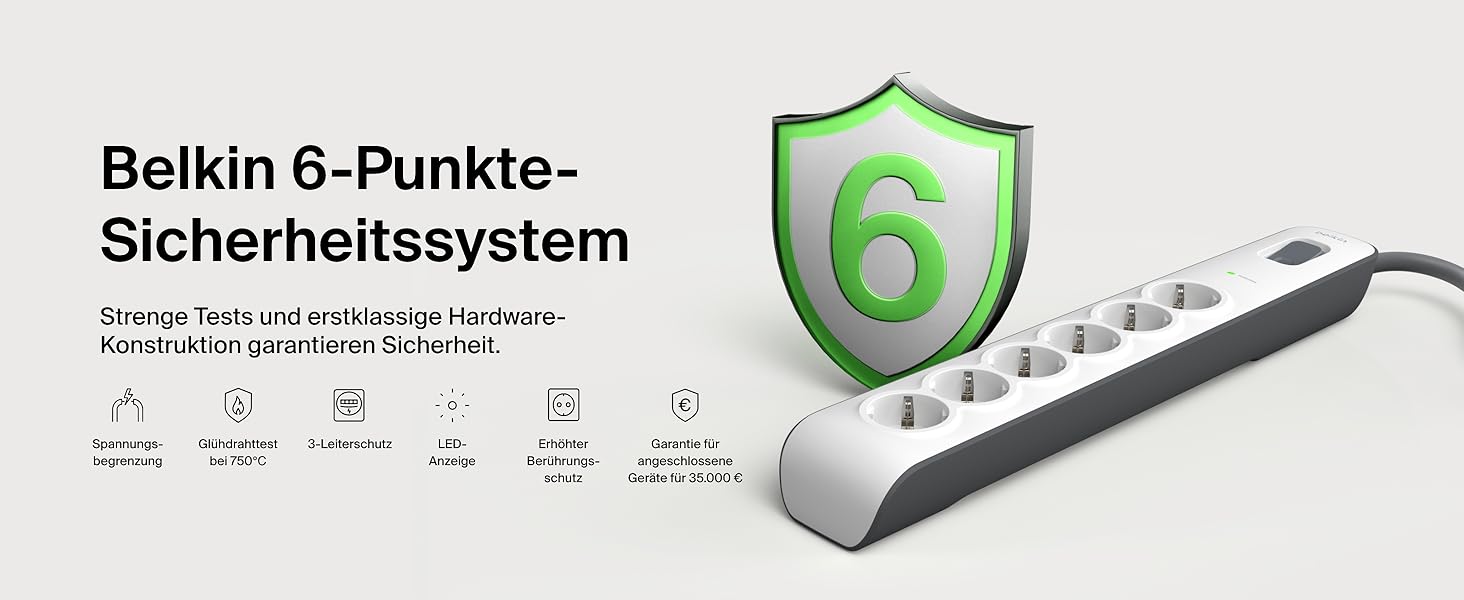 Захисна мережева стрічка Belkin 6-fach з USB, 6 розеток, 650 Дж, 2 м, для дому та офісу