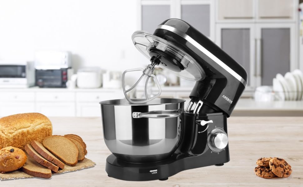Arebos 1500W Stand Mixer with 6L Stainless Steel Bowl | Black | Includes Dough Hook, Whisk, Beater | Splash Guard | 6 Speed | Kitchen Mixer | Dough Machine
