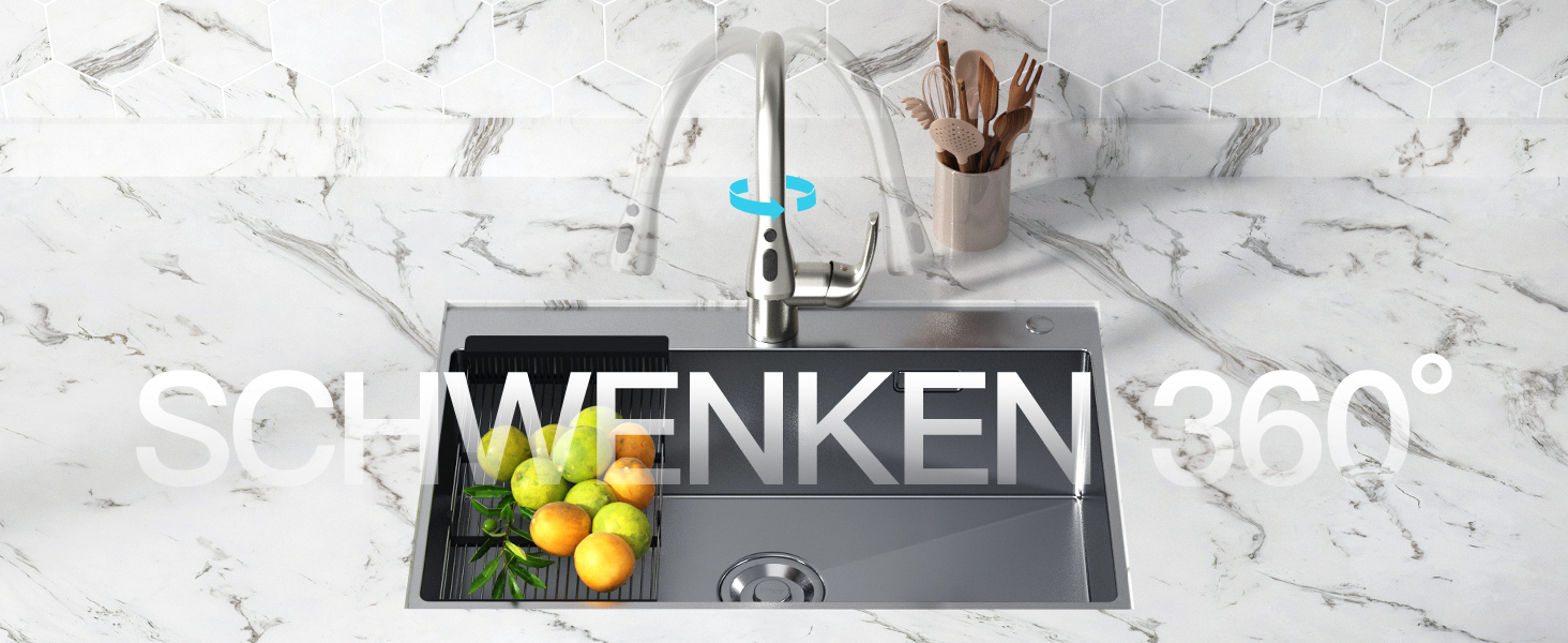 Кухонний змішувач Rainsworth з висувною лійкою та душем, високопродуктивний, з двома типами струменя, поворотний на 360°, з нержавіючої сталі, проста установка, висота 56 см