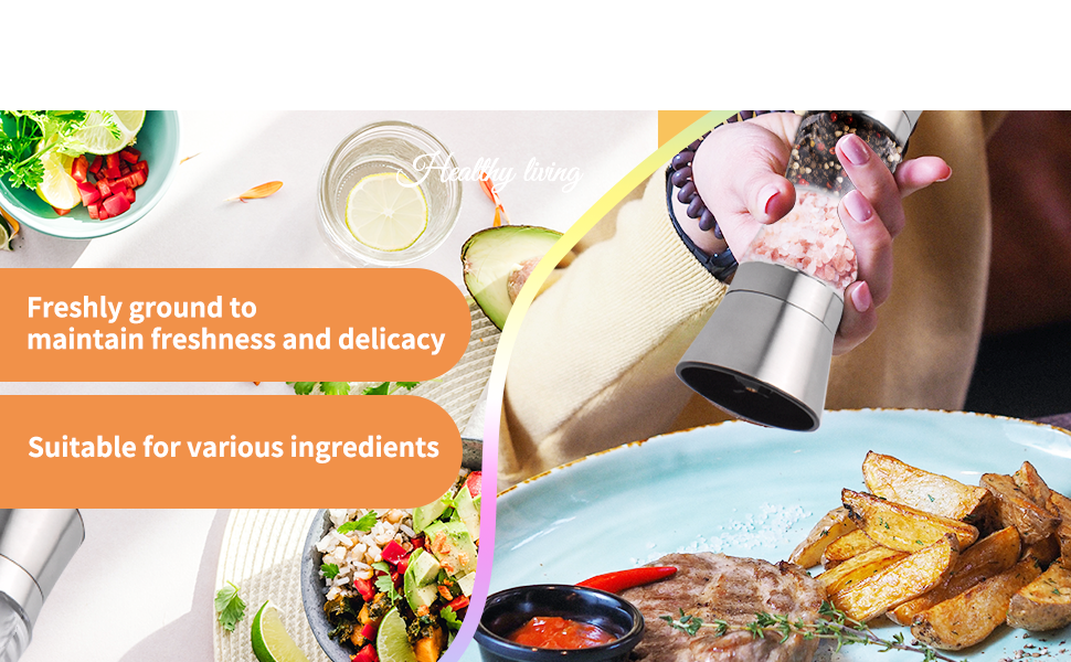 Мельниця для солі та перцю 2-в-1 Cyiecw, ручна, з регульованою керамічною млиночкою, з можливістю поповнення, нержавіюча сталь, срібна