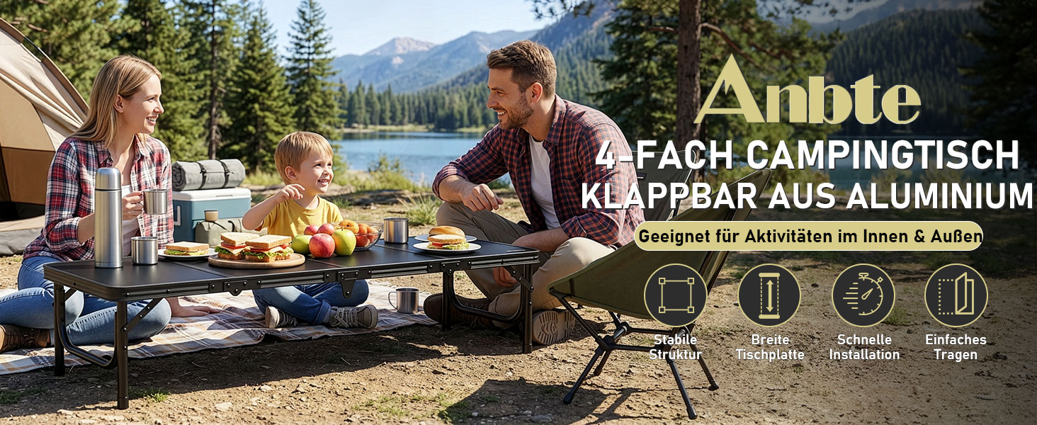 Складний кемпінговий стіл Anbte 60x40 см, алюмінієвий каркас, регульована висота (27.3/51/74.7 см), сітчаста сумка, вантажопідйомність 30 кг, чорний