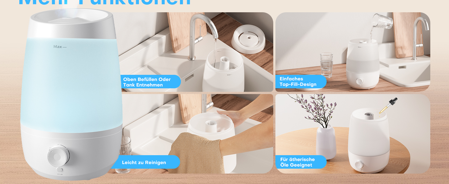 Зволожувач повітря AROEVE для спальні, 2,5л, 250 мл/год, дифузор для ефірних олій, автовимкнення, 25 дБ, тихий для дітей та рослин, білий