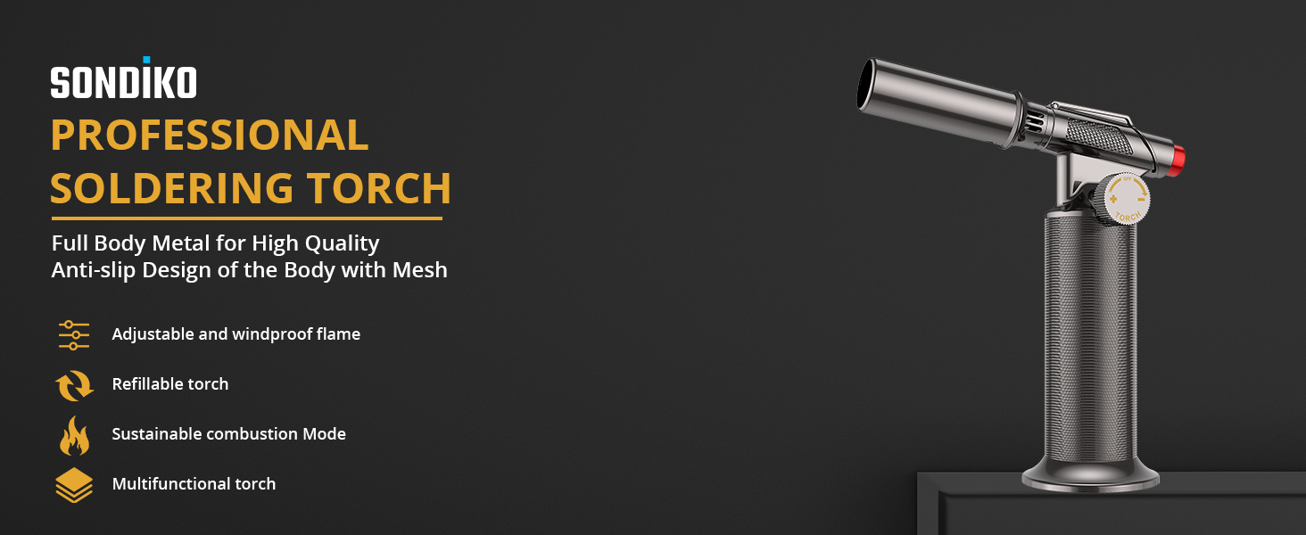 Професійний пальник Sondiko SW-801 Pro: наповнюваний металевий газовий пальник для кухні та зварювання, регульоване полум'я, вітростійкий, для чоловіків (бутан не входить)