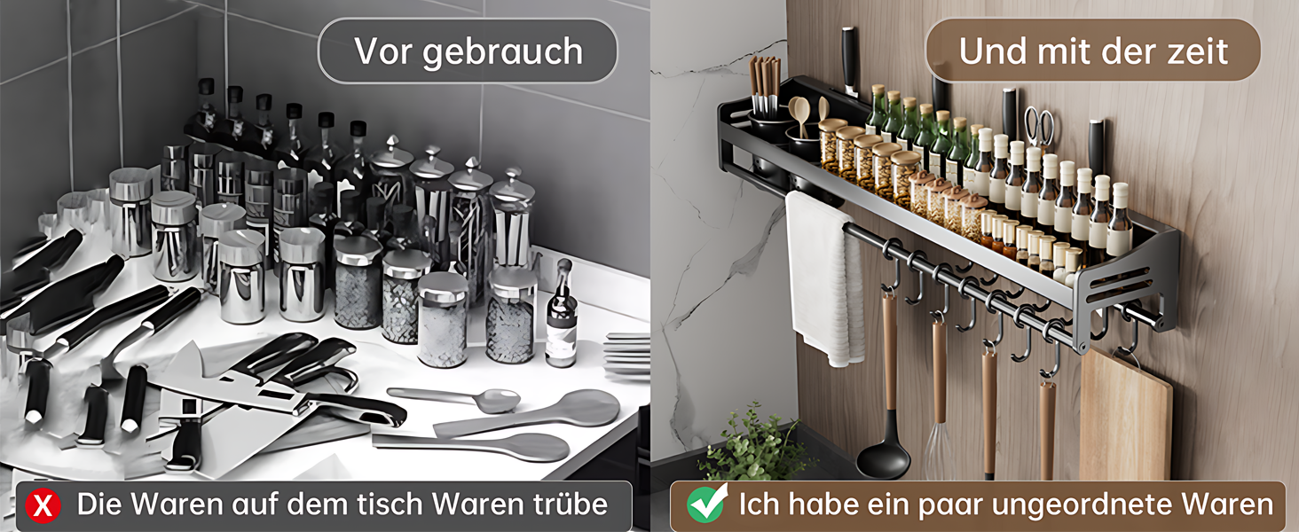 Настінна полиця для спецій, кухонна полиця без свердління, сіра, 50х13.4х12 см, з гачками та підставками для кухонного приладдя