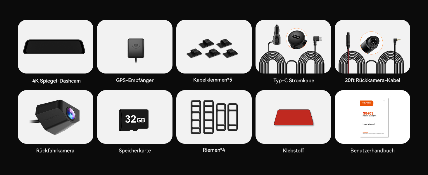 WOLFBOX Dashcam G840S 4K: Дзеркало-відеореєстратор з камерою заднього виду, WiFi, IPS-екран, GPS, 32GB, G-сенсор, Park Mode