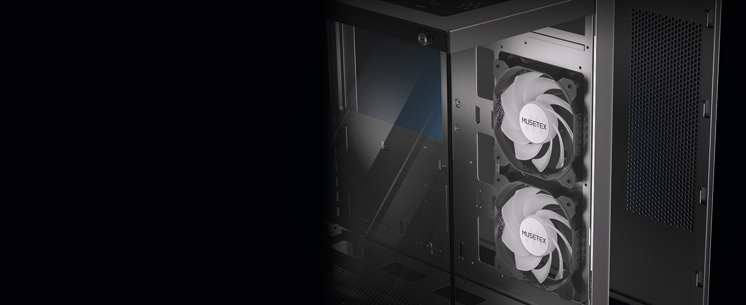 Корпус ПК MUSETEX K2: ATX Mid Tower з 7 PWM ARGB-вентиляторами, подвійне панорамне скло, Type-C, чорний (42.1 x 23 x 47 см)