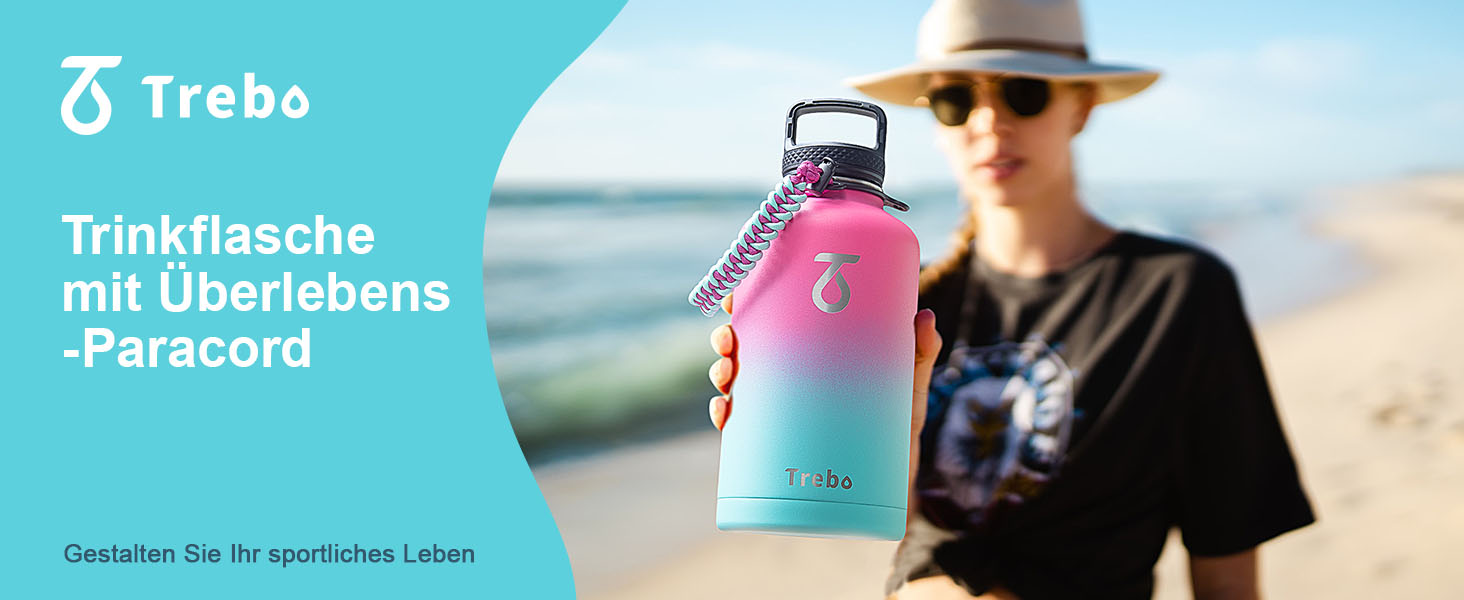 Термос-пляшка Trebo 2 л з трубочкою, нержавіюча сталева спортивна пляшка з паракордовою ручкою та 3 кришками, широка горловина, зберігає холод до 48 годин, чорна