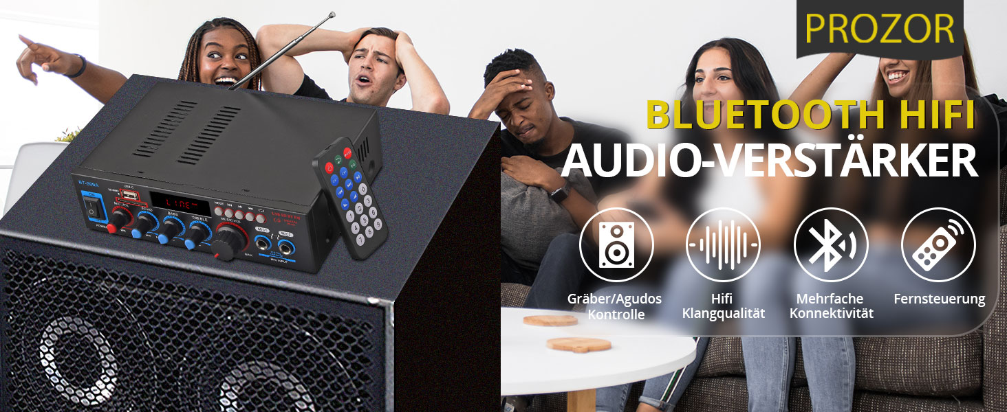 Bluetooth підсилювач PROZOR HiFi Stereo 2-канальний 40Вт+40Вт, 12V/220V, для авто та дому, з FM-радіо, аудіо-ампліфікатор BT-309A