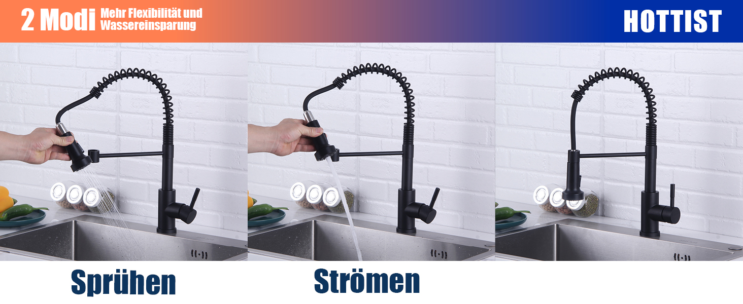 Чорний кухонний змішувач з висувною лійкою, високий поворотний вигин, 360° оберт, 2 режими розпилення, шланговий вилив, нержавіюча сталь, матовий чорний