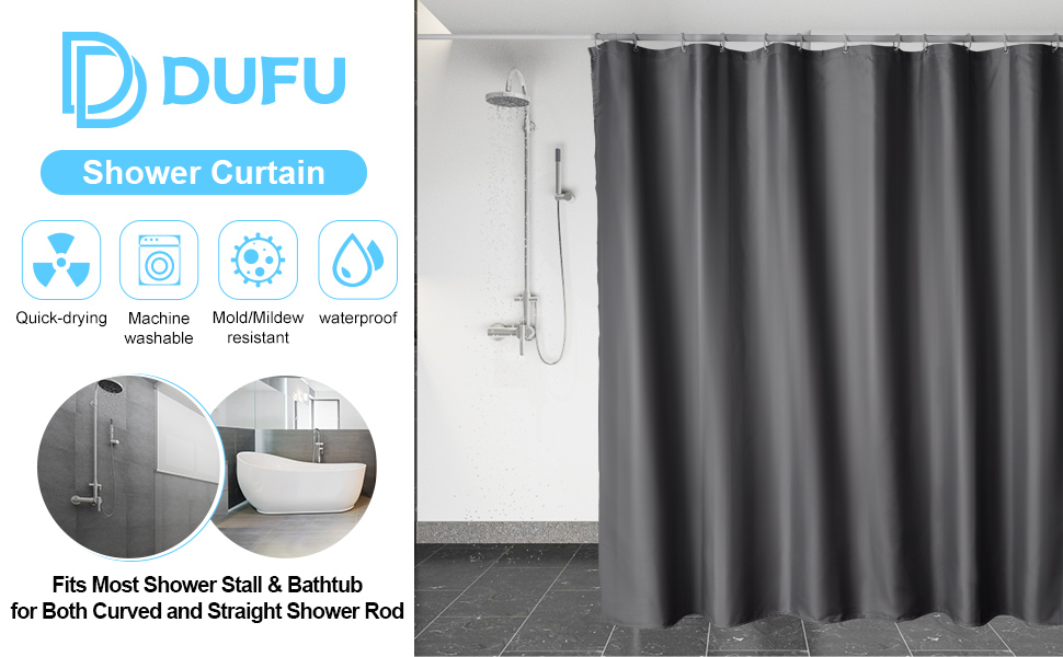 Шторка для душу DUFU, водовідштовхувальна, миється | Швидковисихаюча поліестер, 12 гачків | Напівпрозора захисна шторка для ванни (180x200 см, Темно-сірий)