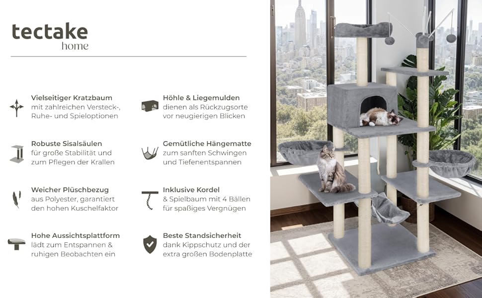 Тектейк® XXL Дерево для котів велике, з аксесуарами: лежанки, гамак, будиночок, іграшки, мотузка з сизалю, стійка для дряпання, висота 165 см, сірий | 402931