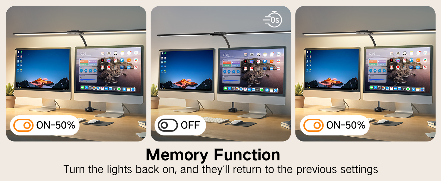 OUTON LED лампа настільна з двома головками, 85.5 см, USB-A & C, регульована яскравість 1600LM, 5 температур кольору, таймер, кріплення, для офісу та дому, чорний