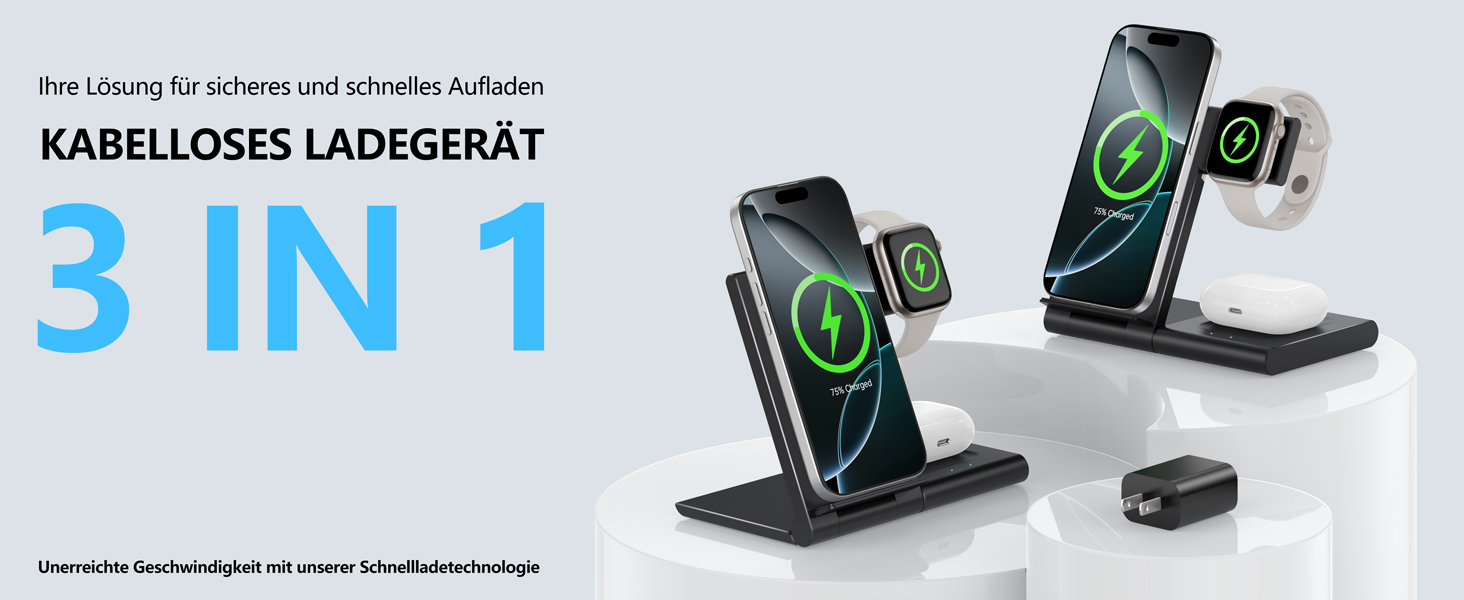 Зарядна станція 3-в-1 для Apple Watch та iPhone (17/16/15/14/13/12/11 Pro/Max/Plus), Apple Watch Ultra (3/11/10/9/8/7/6/SE 3), AirPods (4/3/2/Pro 3) - Чорна