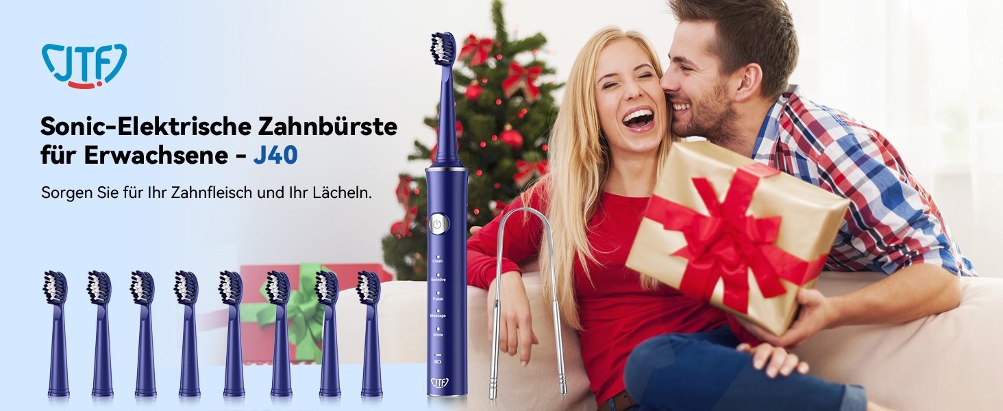 Електрична звукова зубна щітка JTF з очищувачем язика, 8 насадок, 5 режимів, Smart Memory, таймер 2 хв, IPX7, бездротова зарядка, для дорослих (блакитна) + очищувач язика