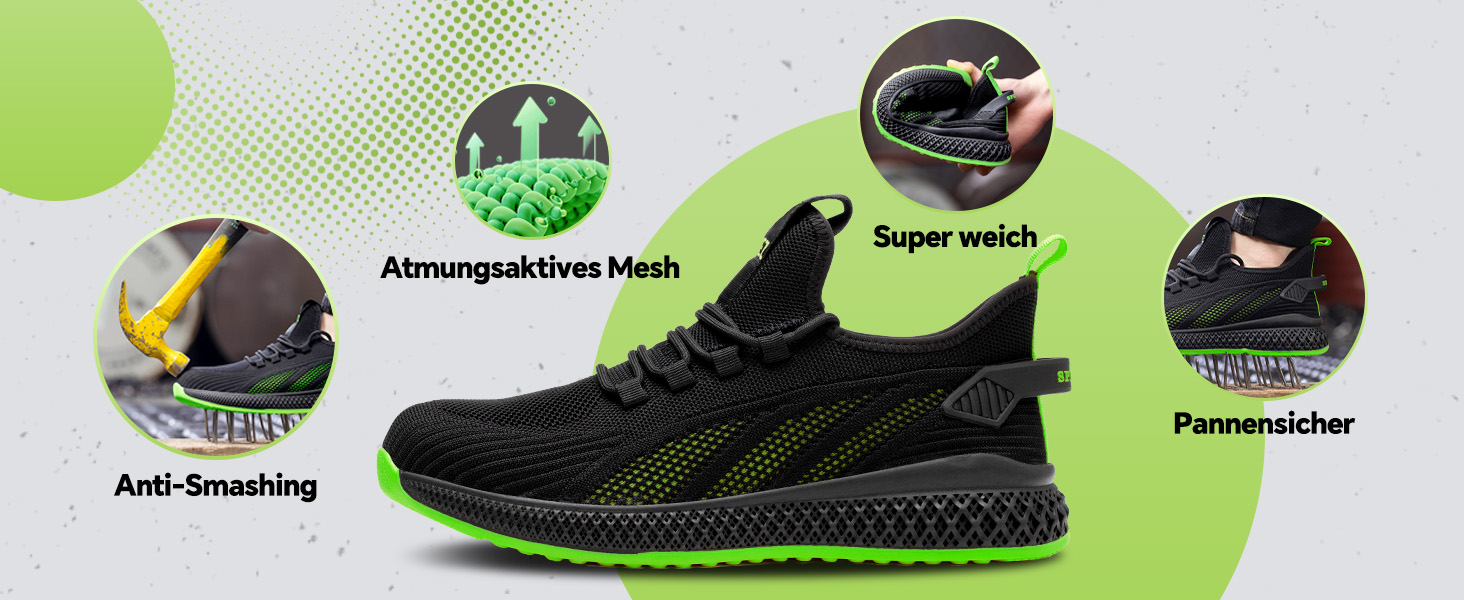 Захисні черевики SPIEZ Unisex з металевим носком, антипрокольні, легкі робочі кросівки для жінок та чоловіків, дихаючі, модні, чорно-зелені, 44 EU
