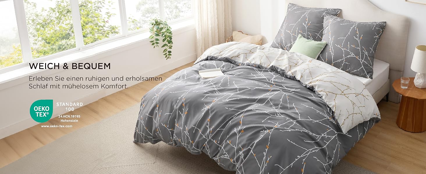 BEDSURE Комплект постільної білизни 200x200 3 шт. з двома наволочками 80x80 см, сірий малюнок гілок, для двоспального ліжка