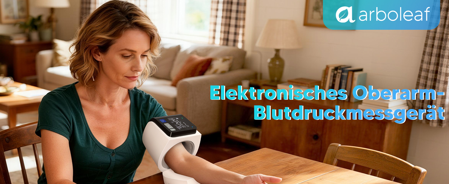 Тонометр на плече Arboleaf з великим LED-дисплеєм, вимірювання пульсу та частоти серцевих скорочень, 4x199 місця пам'яті, зарядка USB-C або AA-батареї, для домашнього використання, білий, компактний