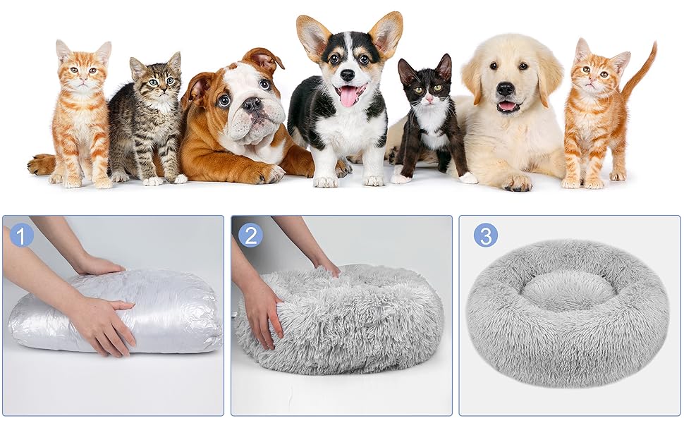 Лежак для собак і котів fireowl Donut, круглий, пухнастий, 80×80×20 см, антистрес, плюшевий, для цуценят і кошенят, світло-сірий, машинне прання