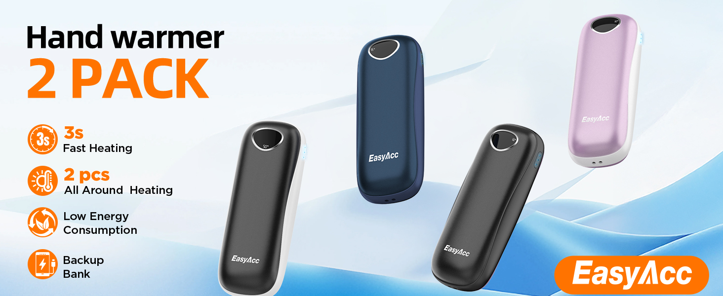 Електричні грілки для рук EasyAcc 10000mAh, 2 шт. з LED-дисплеєм, 3 режими нагріву, для кемпінгу, полювання, Рейно