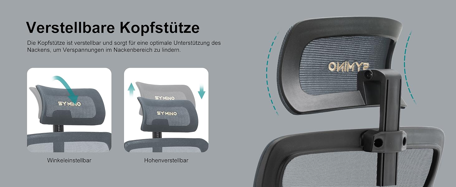 Ергономічне крісло для офісу Symino з регульованою підголівником, підлокітниками та підтримкою попереку, поворотне, з функцією гойдання, сітчасте, для спини, 150 кг (Сірий)