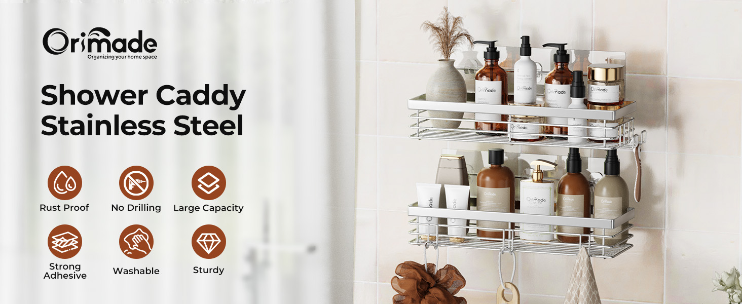 Полка для душу Orimade без свердління з 5 гачками, 2 шт. з нержавіючої сталі, срібло