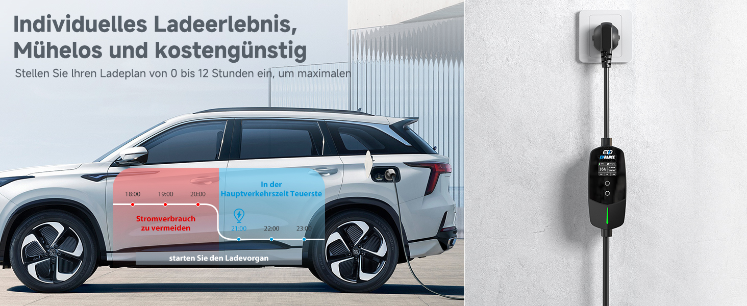 Кабель для зарядки електромобіля Type 2 Schuko 3.68kW (1-фазний, 6.1м, 6-16A) з таймером затримки 0-12 годин, для електромобілів та гібридів (PHEV/EV), чорний