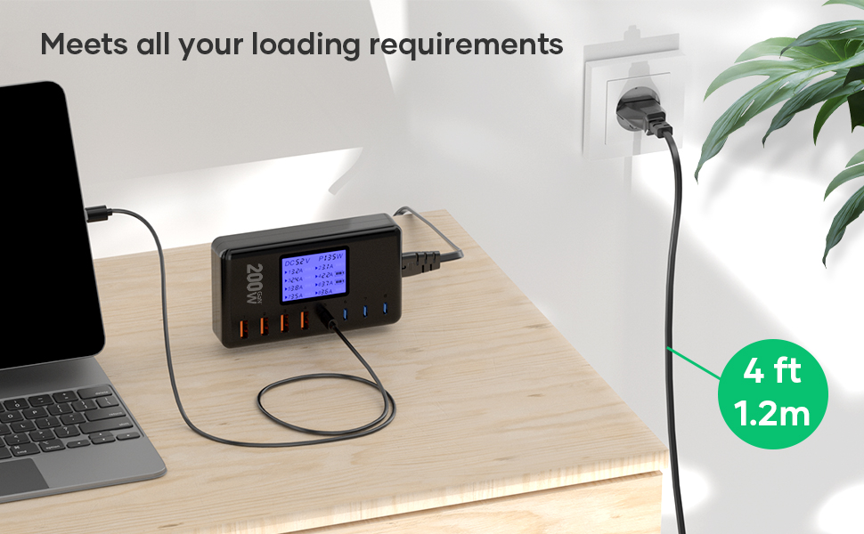Зарядний пристрій GaN 200W, 8 портів: 4x USB-C PD 30W, 4x USB-A QC 18W - для iPhone 15/14/13 Pro Max, iPad, Samsung S24/S23. Швидка зарядка, адаптер живлення, чорний