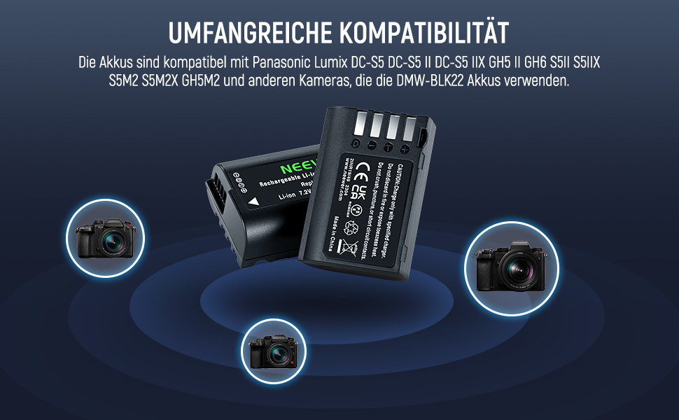 Запасний акумулятор та зарядний пристрій NEEWER для Panasonic Lumix DC-S5, GH5 II, S5II, GH6, S5 IIX, S9 (2 шт., 2400mAh, USB-C)