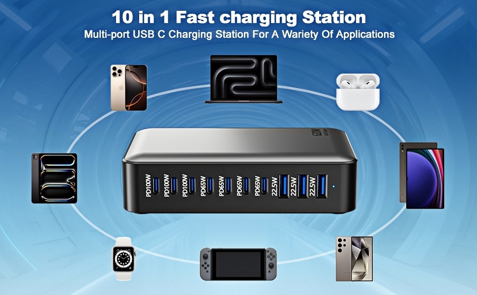 Зарядний пристрій USB-C 620W, 10 портів: Швидка зарядка PD PPS 100W, USB-C для MacBook Pro/Air, iPad, iPhone 16/15/14/13/12 Pro Max, Samsung