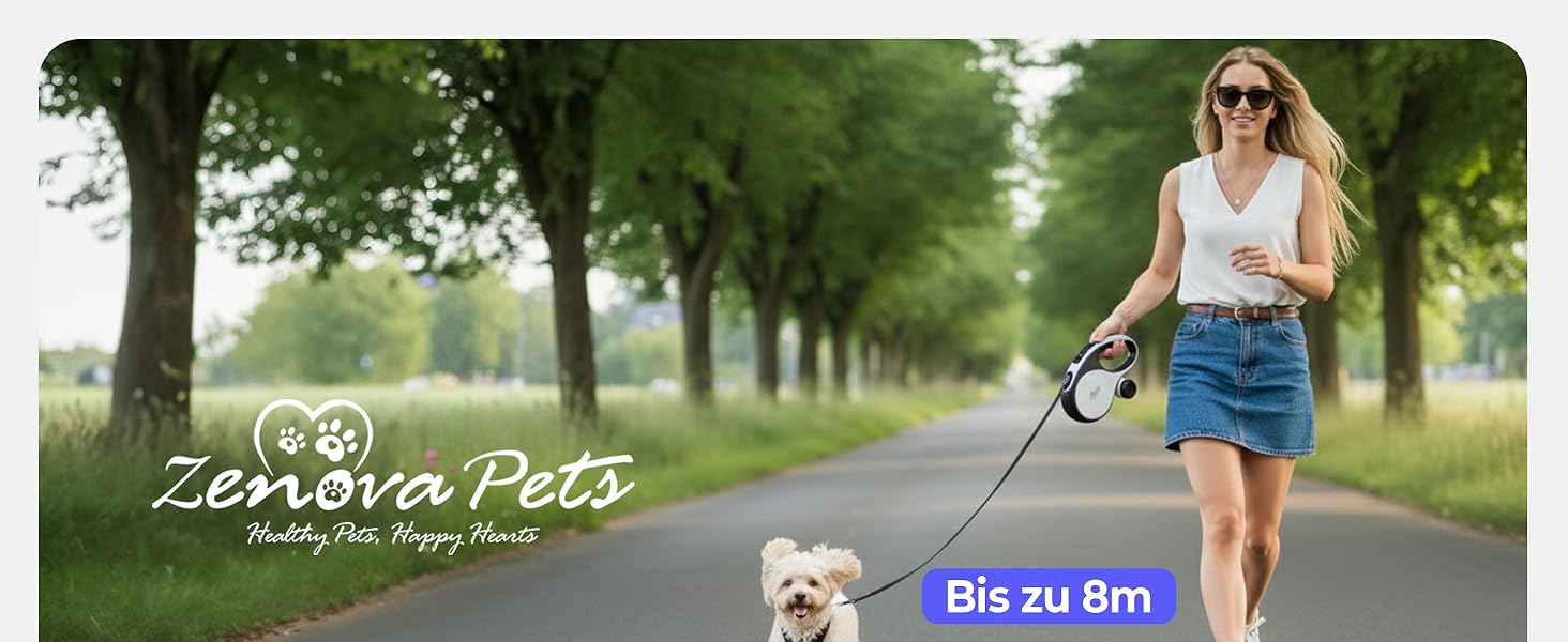 Рулетка для собак 8 м з тримачем для відходів – міцна витяжна повідка для маленьких, середніх та великих собак – повідка з нейлоновим шнуром 360°, антиковзний руків'я та кнопка швидкого гальмування 8 м