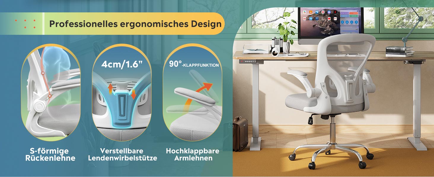Офісний стіл DEVAISE: ергономічний крісло з регульованою підтримкою попереку та відкидними підлокітниками, регульована висота, білий, до 136 кг, без підголівника
