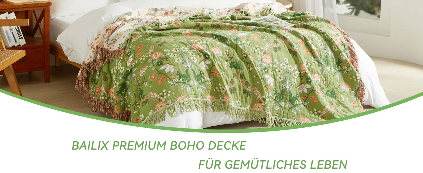 Покривало Bailix Premium Boho з 100% бавовни муслін, двосторонній плед з китицями для дивана та ліжка, 200x230 см, колір волого-зелений