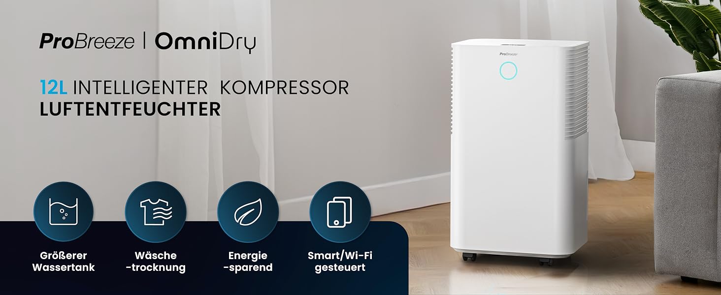 Про Breeze OmniDry: Електричний осушувач повітря з Wi-Fi, 12л/24г, для дому до 25м², з додатком, режимом сушіння та датчиком вологості