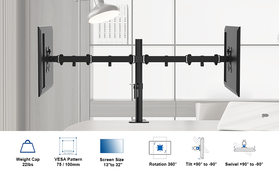 Підставка для монітора GRIFEMA для 2 моніторів, 13-32 дюйми, регульована висота, поворотна, VESA 75x75/100x100, до 9 кг